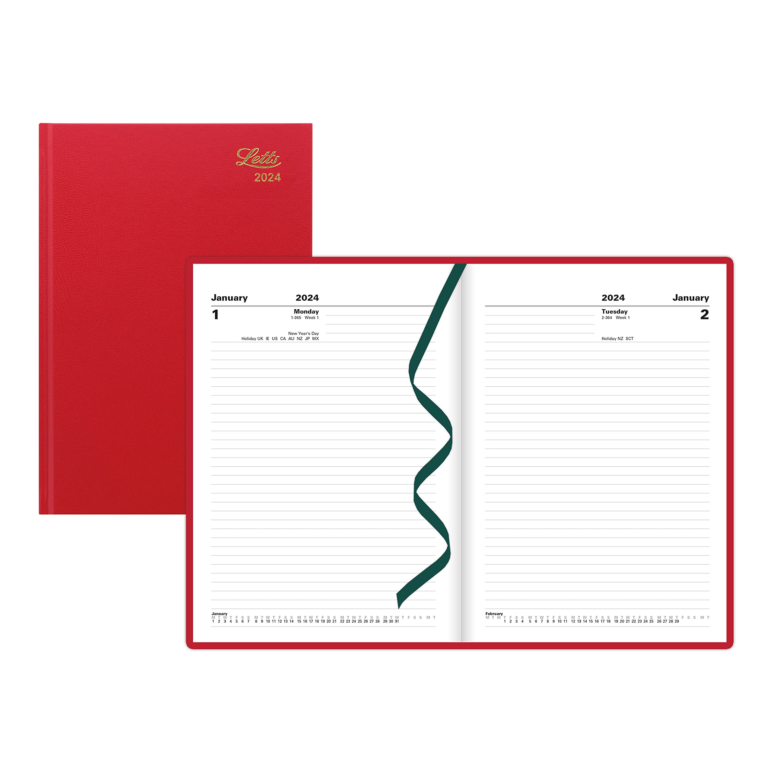 Letts of London Standard Daily Planner, 12 Months, January to December, 2024, Day-Per-Page, A5 Size, 8.25" x 5.875", Burgundy (C10XBY-24)