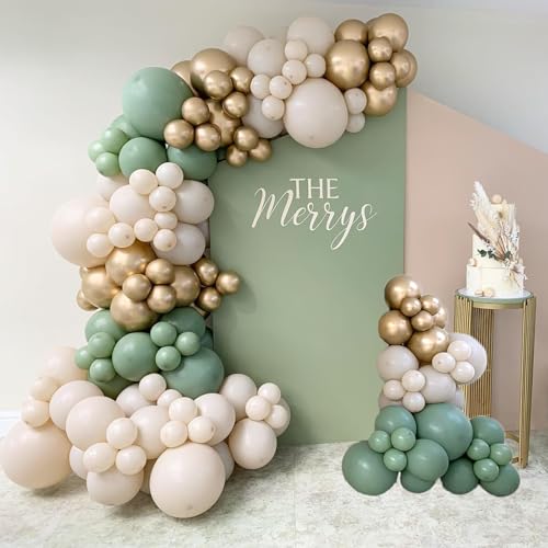 HOOBALON Sage Green Balloon Garland Arch Kit - Jungle Balloons Garland Kit-154pcs White Sand Chrome Metallic Gold Balloons for Oh Baby Shower Party Decorations