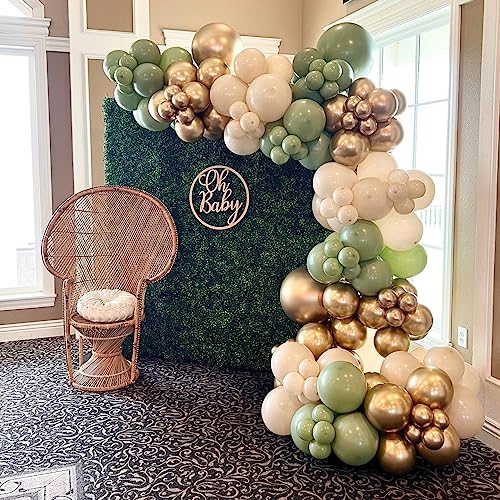 HOOBALON Sage Green Balloon Garland Arch Kit - Jungle Balloons Garland Kit-154pcs White Sand Chrome Metallic Gold Balloons for Oh Baby Shower Party Decorations