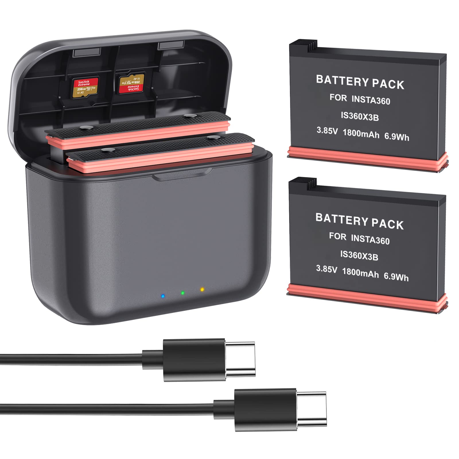 360 X3 Battery(2 Packs) with Fast Battery Charger Hub for Insta360 X3,Quick Battery Charging Storage Station with Misro SD Card,Quick Up 80% Charge in 35 Minutes