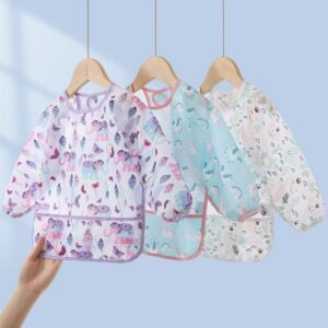 Hafftnun 3-Pack Baby Long Sleeve Waterproof Bib Full Coverage Apron Bib Smock Toddler Bibs with Pocket 6-30 Months