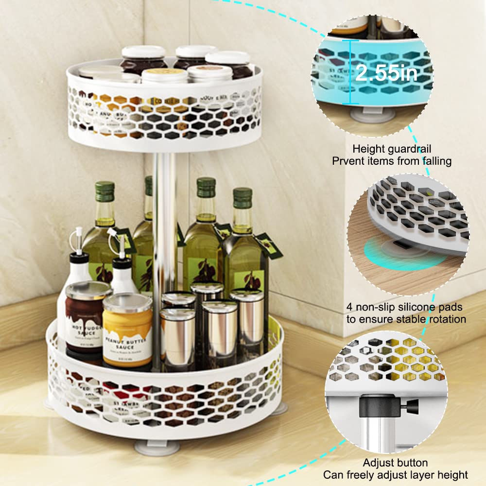 LBW Lazy Susan Organizer, 2 Tier Spice Turntable Organizer for Cabinet with Metal Sell, 10.2''Lx13.9''H Adjustable Spice Rack for Kichen Bathroom Table, White