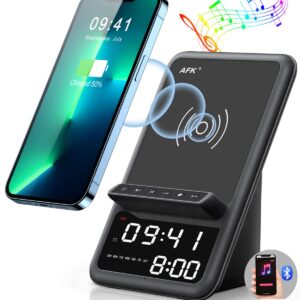 AFK Wireless Charging Station with Bluetooth Speaker and Alarm Clock, 4 in 1 Wireless Charger Compatible with iPhone15 14 13 12 11 Pro Max Series,Samsung Series and Other Android Phones(Black)