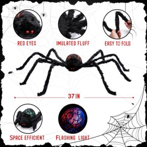 2 Pack Halloween Lighted Spiders Decorations, Giant Spiders with Red Eyes, Halloween Indoor and Outdoor Party Decor for Yard Patio Lawn Garden