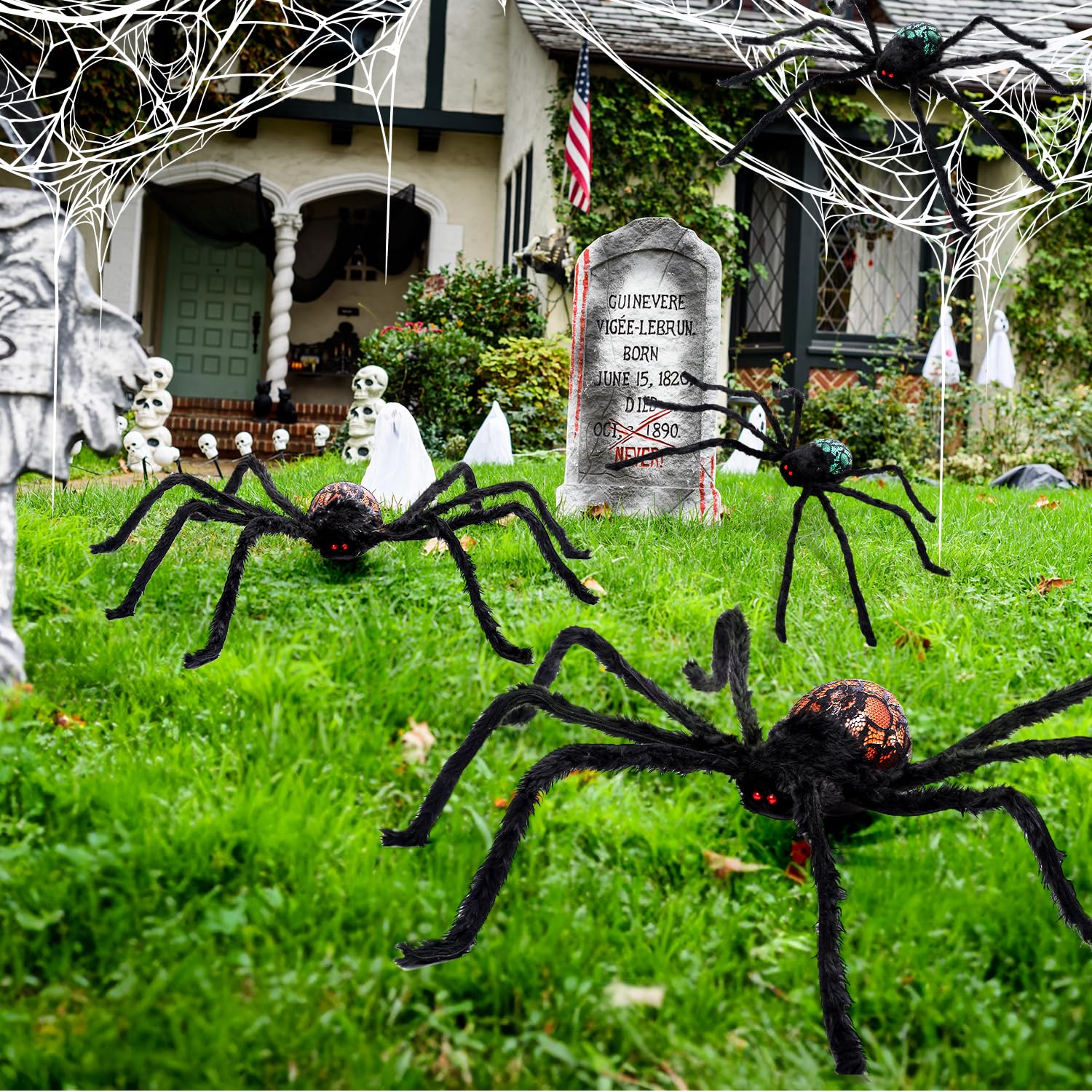 2 Pack Halloween Lighted Spiders Decorations, Giant Spiders with Red Eyes, Halloween Indoor and Outdoor Party Decor for Yard Patio Lawn Garden