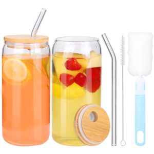 2pack 16oz glass cups with lids and straws ，smoothie cup glass tumbler with straw and lid,iced coffee cup with lids and glass straws ，for coffee bar accessories，juice, boba, smoothie, tea, kombucha