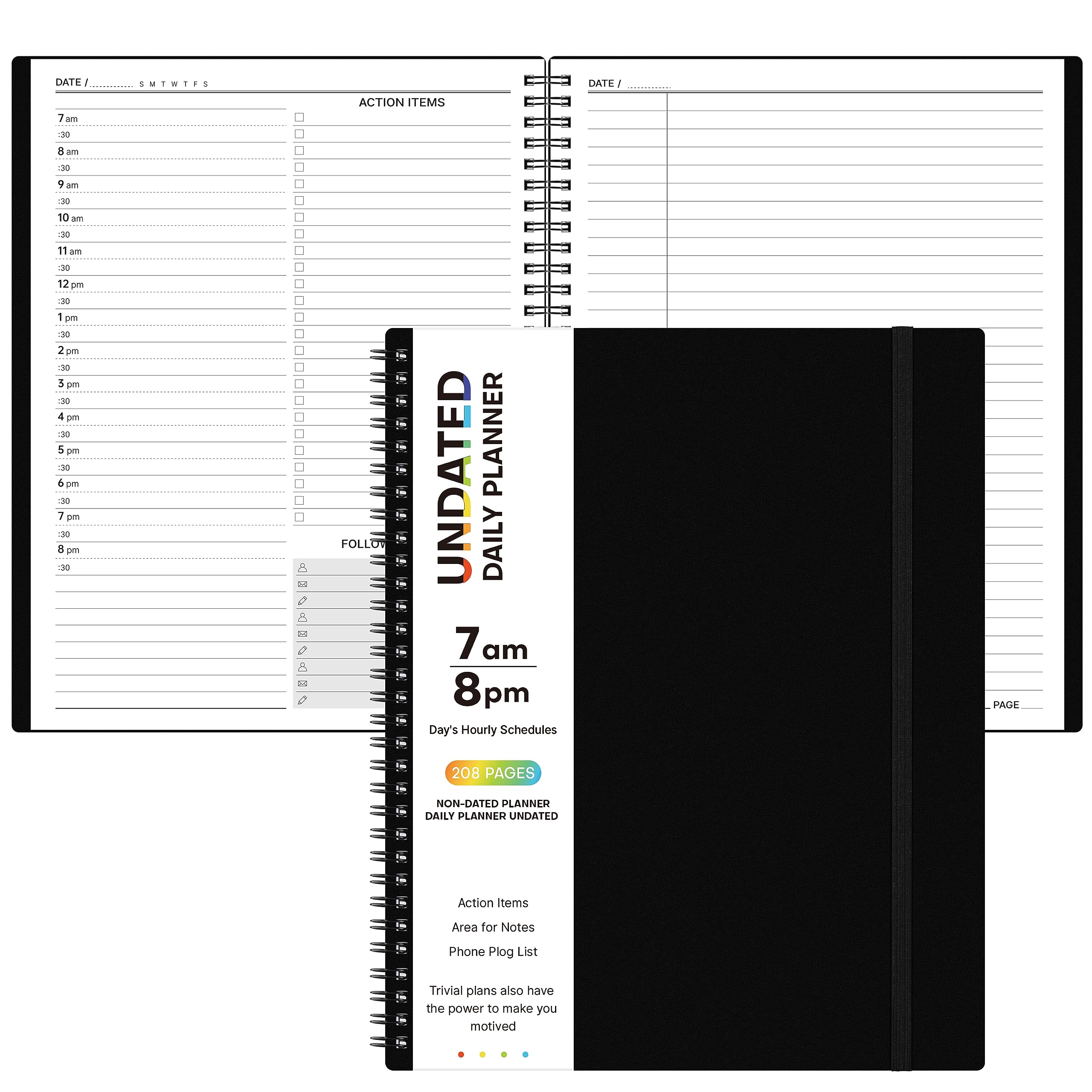 Daily Planner Undated - Spiral Appointment Planner, 208 Pages, 8.8" x 11", Daily Planner with Hourly Schedules, Appointment Book for Man/Women, Inner Pocket, Elastic Closure