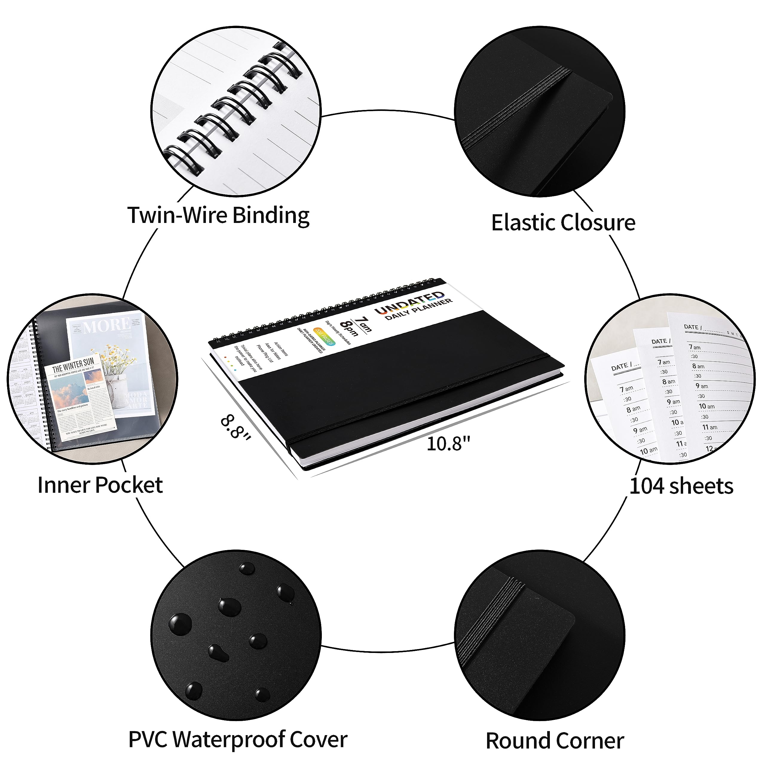 Daily Planner Undated - Spiral Appointment Planner, 208 Pages, 8.8" x 11", Daily Planner with Hourly Schedules, Appointment Book for Man/Women, Inner Pocket, Elastic Closure