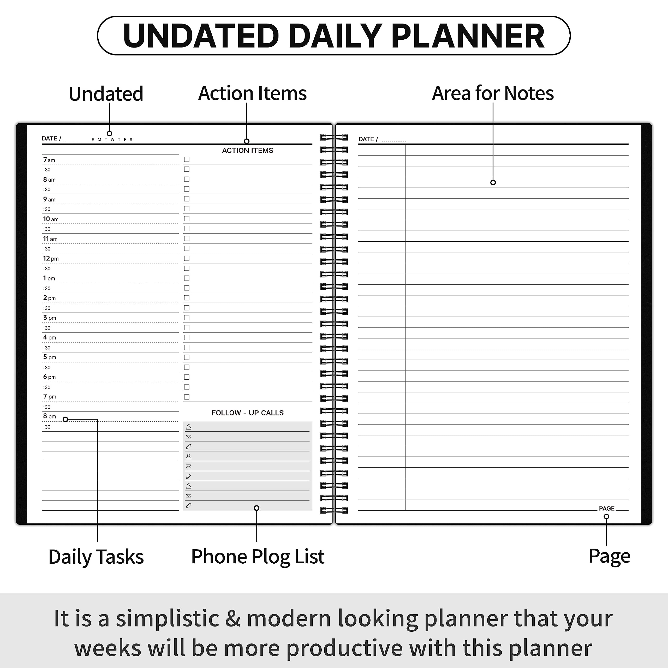 Daily Planner Undated - Spiral Appointment Planner, 208 Pages, 8.8" x 11", Daily Planner with Hourly Schedules, Appointment Book for Man/Women, Inner Pocket, Elastic Closure