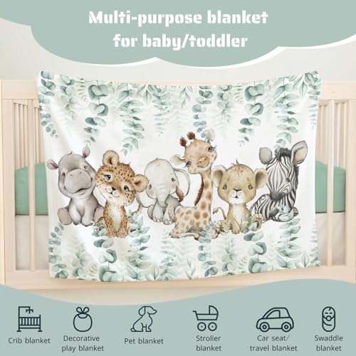 HawSkgFub Safari Jungle African Animal Eucalyptus Leaf Baby Blanket Boys Gift, Elephant Giraffe Lion Flannel Fleece Nursery Bed Blankets, Soft Lightweight Newborn Infant Toddler Crib Bedding 30 x 40