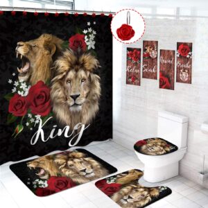 20pcs bathroom sets rose and lion shower curtain set with non-slip rugs, toilet lid cover and bath mat, 12 resin hooks, bathroom wall sign decor set