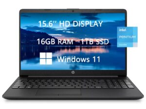 hp 15 hd laptop, intel pentium n5030, 16gb ram, 1tb ssd, webcam, rj-45, bluetooth, hdmi, usb-c, fast charge, lightweight, wins 11, rokc hdmi cable, black (15-dw1783wm)