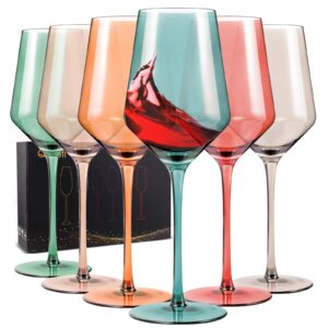 qmioti colored wine glasses, set of 6 stemmed wine glasses, 15oz european style tall drinkware - great for all wine types for daily use, unique wedding anniversary or birthday gift