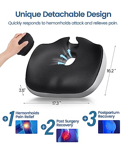 Multifunction Seat Cushion with Removable Insert for Long Sitting, Ergonomic Office Chair Cushion for Hemorrhoid, Sciatica, Tailbone Pain Relief, Non-Slip Memory Foam Butt Pillow for Office, Home, Car