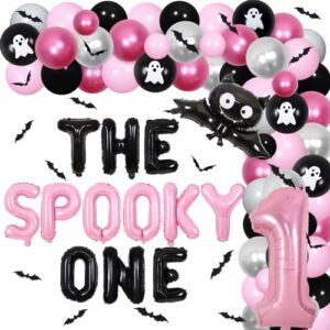 halloween 1st birthday decorations for girls - pink black balloon garland arch kit with the spooky one balloons banner, bat wall stickers, number 1 ghost foil balloons for spooky one party supplies