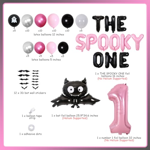 Halloween 1st Birthday Decorations for Girls - Pink Black Balloon Garland Arch Kit with The Spooky One Balloons Banner, Bat Wall Stickers, Number 1 Ghost Foil Balloons for Spooky One Party Supplies