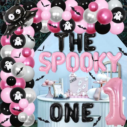 Halloween 1st Birthday Decorations for Girls - Pink Black Balloon Garland Arch Kit with The Spooky One Balloons Banner, Bat Wall Stickers, Number 1 Ghost Foil Balloons for Spooky One Party Supplies