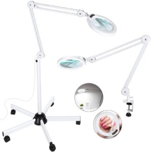 5x magnifying glass with light and stand, veemagni 2,200 lumens magnifying floor lamp with 5 wheels rolling base, led 5 color modes, stepless dimmable lighted magnifier for esthetician, facials, salon