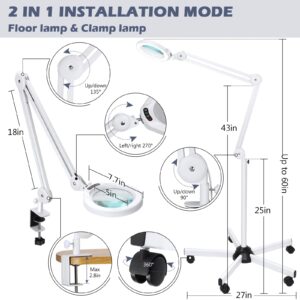 5X Magnifying Glass with Light and Stand, Veemagni 2,200 Lumens Magnifying Floor lamp with 5 Wheels Rolling Base, LED 5 Color Modes, Stepless Dimmable Lighted Magnifier for Esthetician, Facials, Salon