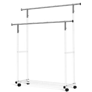 vicerii double clothing rack, 55.51 inch garment rack with wheels and bottom shelf, 130lb capacity heavy duty rolling clothes racks for hanging clothes, coats, shirts, sweaters, skirts, white