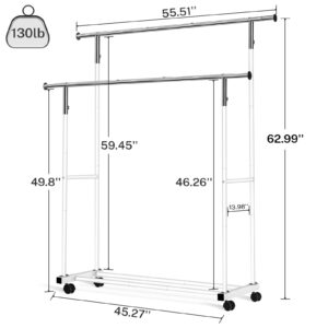 VICERII Double Clothing Rack, 55.51 Inch Garment Rack with Wheels and Bottom Shelf, 130LB Capacity Heavy Duty Rolling Clothes Racks for Hanging Clothes, Coats, Shirts, Sweaters, Skirts, White