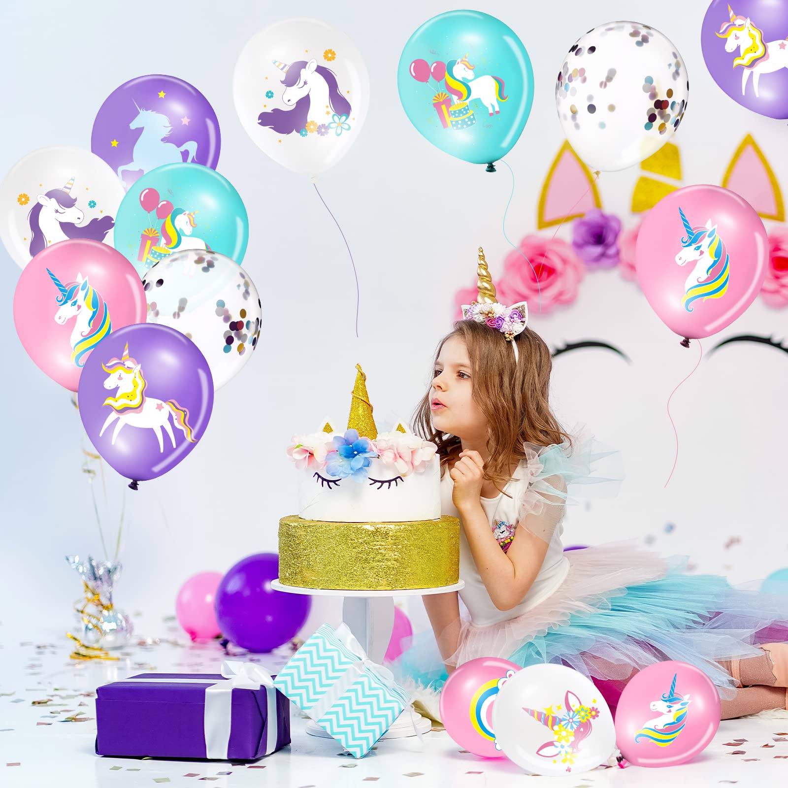 Tiamon 45 Pieces Unicorn Latex Balloons Unicorn Birthday Party Decorations Purple Pink Blue Confetti Balloons Supplies for Girls Unicorn Theme Birthday Baby Shower Wedding Party Balloons Garland Decor