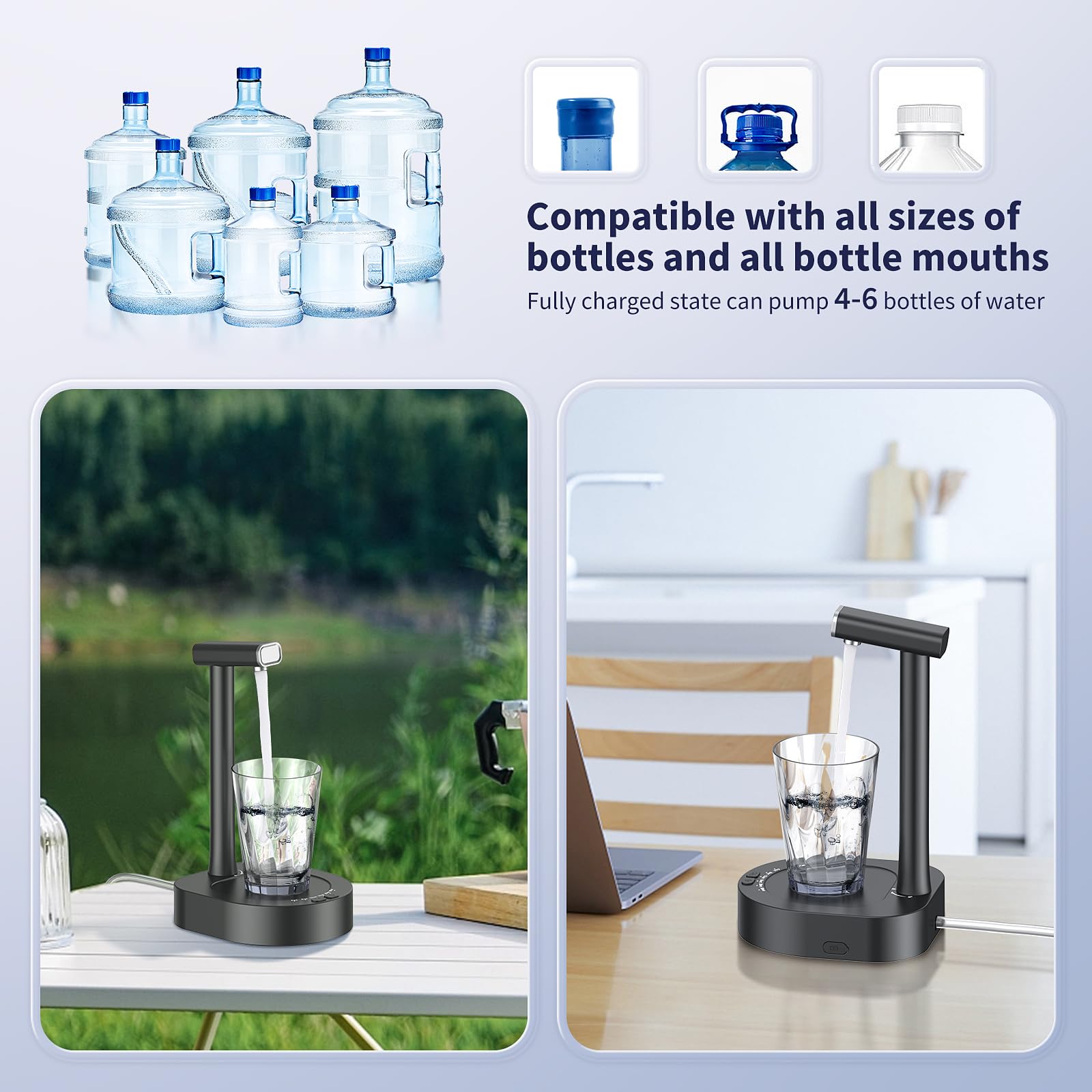 Water Dispenser - Desk Water Dispenser for 5 Gallon Bottle, Low Decibel Bedside Water Dispenser, Intelligent 7 Levels Ounce Portable Detachable Water Jug Pump for Camping Home Office Kitchen Travel