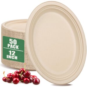 50 Pack Oval Paper Plates,100% Compostable Paper Plates,12 inch Paper Plates Heavy Duty,Disposable Paper Plates,Natural Bagasse Unbleached Eco-Friendly Sugarcane Plates for BBQ Party Picnic Gathering