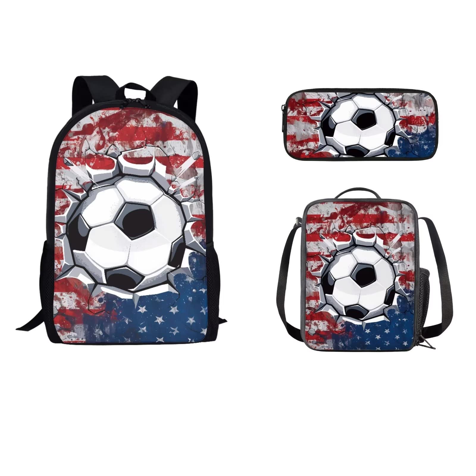 PCSJRKG Patriotic American Flag Casual Daypack Set for Teen Girls, 3D Soccer Backpack Set with Insulated Lunch Box and Pen Bag, Large Lightweight School Bag Set Suitable for Boys and Girls