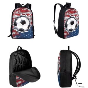 PCSJRKG Patriotic American Flag Casual Daypack Set for Teen Girls, 3D Soccer Backpack Set with Insulated Lunch Box and Pen Bag, Large Lightweight School Bag Set Suitable for Boys and Girls
