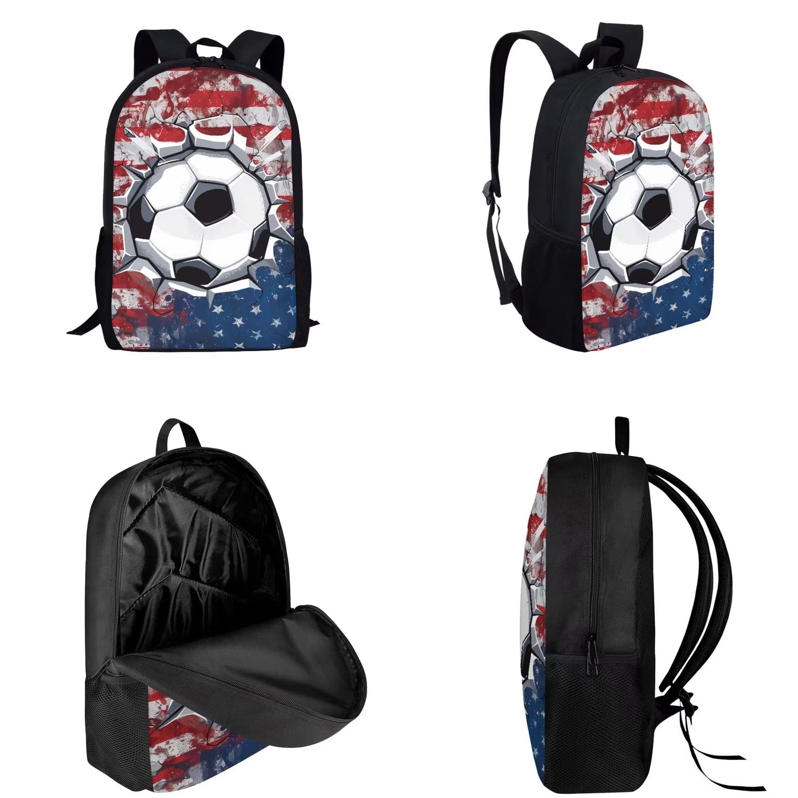 PCSJRKG Patriotic American Flag Casual Daypack Set for Teen Girls, 3D Soccer Backpack Set with Insulated Lunch Box and Pen Bag, Large Lightweight School Bag Set Suitable for Boys and Girls