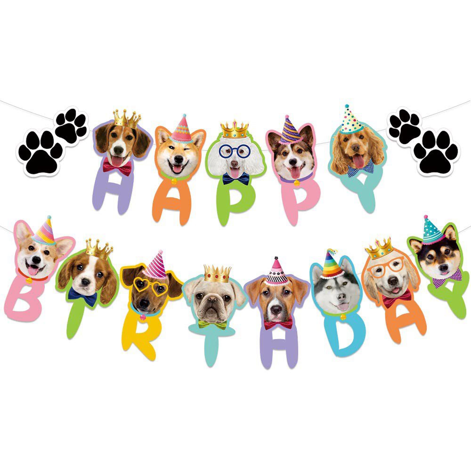 TSJ Happy Birthday Dog Birthday Banner, Dog Face Party Banner, Dog Theme Party Bunting Decoration Puppy Party Supplies for Birthday Party Baby Shower