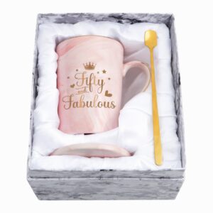 yhrjwn - 50th birthday gifts for women, fifty and fabulous mug, 50th birthday gift ideas for women turning 50, happy 50th birthday gifts for mom sister coworker, pink 14 oz with spoon, coaster, box