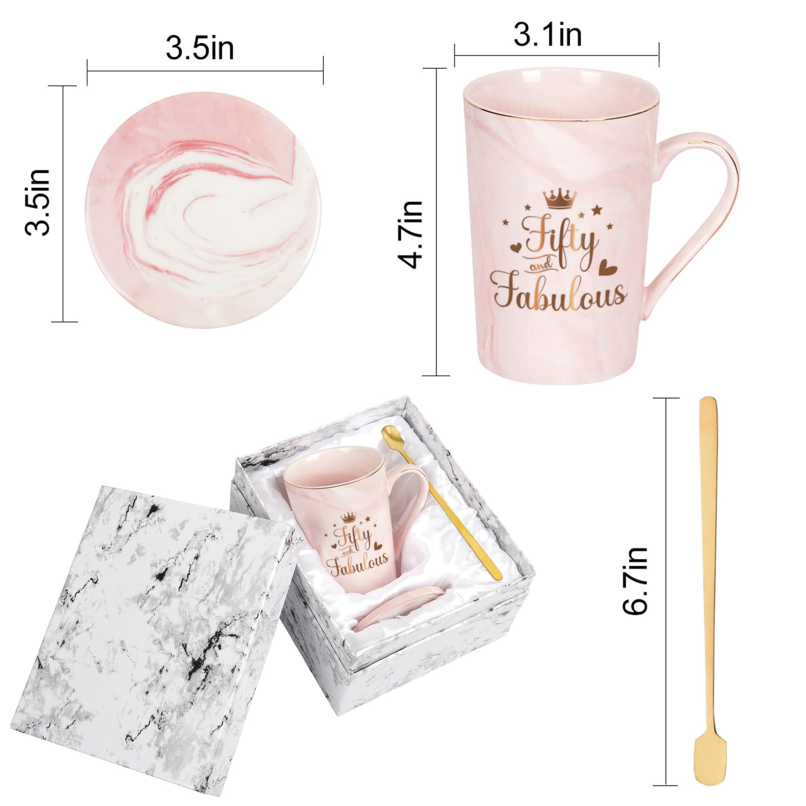 YHRJWN - 50th Birthday Gifts for Women, Fifty and Fabulous Mug, 50th Birthday Gift Ideas for Women Turning 50, Happy 50th Birthday Gifts for Mom Sister Coworker, Pink 14 Oz with Spoon, Coaster, Box