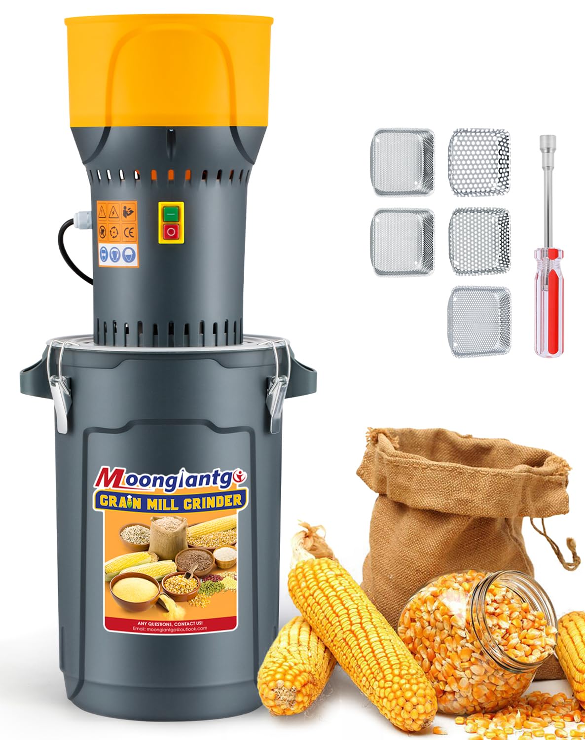 Moongiantgo Grain Mill Grinder Electric Corn Grinder 1300W Feed Mill Dry Cereals Grinder Detachable 6.6 Gal Bucket & Hopper, with 5 Sieves + 1 Socket Wrench, Molino de Maiz, 110V (25L)