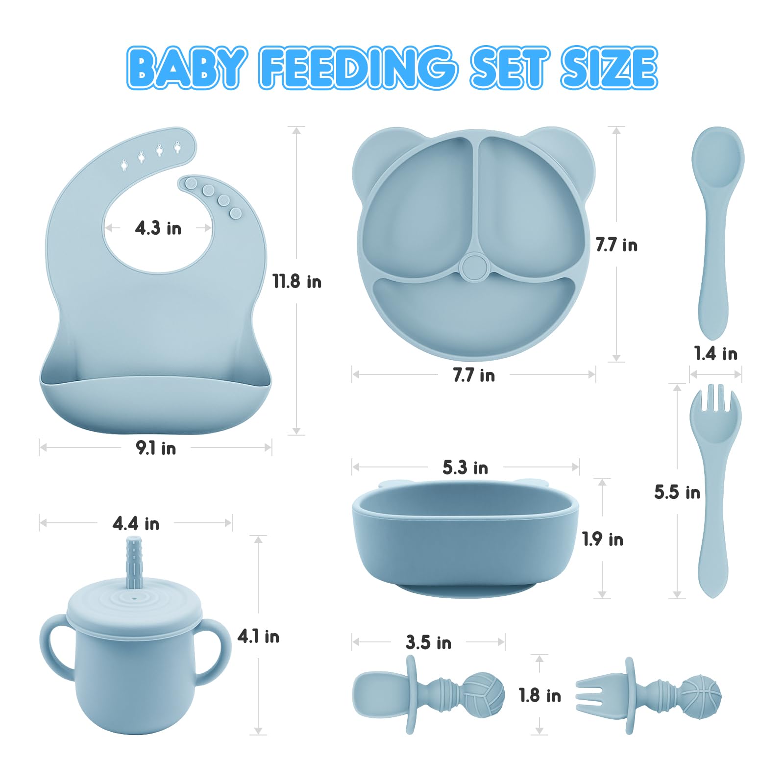 OEC-T5 Baby Led Weaning Supplie，Silicone Baby Feeding Set with Suction Plate and Bowl，Toddler Self Feeding Essentials with Spoons Forks Bib Sippy Cup，Eating Utensils for 6+ Months (10 Pcs)