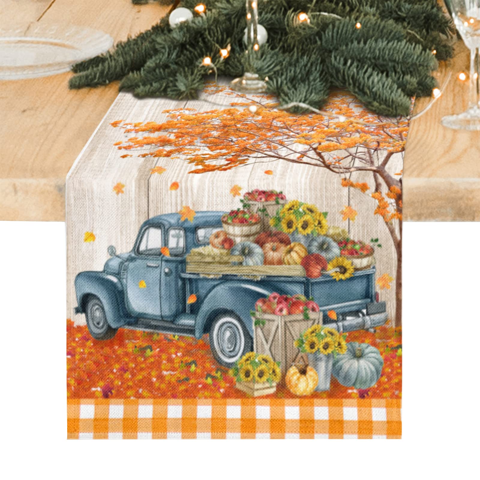 Fall Decor Thanksgiving Pumpkins Blue Truck Table Runner 72 Inches, Seasonal Fall Harvest Kitchen Dining Table Decoration for Indoor Outdoor Home Party Decor