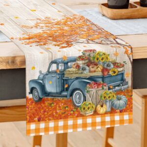 Fall Decor Thanksgiving Pumpkins Blue Truck Table Runner 72 Inches, Seasonal Fall Harvest Kitchen Dining Table Decoration for Indoor Outdoor Home Party Decor