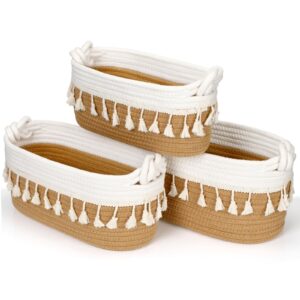 Roshtia Set of 3 Boho Rattan Basket Cotton Rope Woven Basket Toilet Paper Baskets Brown Boho Bathroom Decor Boho Organizing Baskets for Home Decor Bedroom Nursery Livingroom Entryway