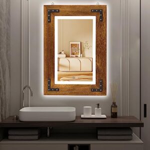 wood framed mirror with 3-color led light, 26" x 18" farmhouse bathroom mirror, anti-fog wooden mirrors for wall decor, smart rustic wall mirror, vertical or horizontal hanging, brown