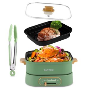 austric 2 in 1 electric shabu shabu pot 3.5l with removable grill pan, non-srick electric hot pot with slide power control, multi cooker with tempered glass lid for frying,grilling,bbq | (green)