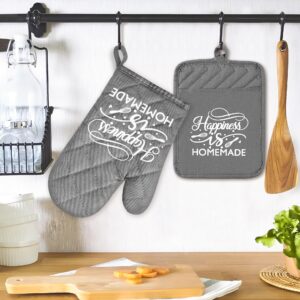 GROBRO7 6Pcs Cotton Oven Mitts and Pot Holders Set Happiness is Homemade Heat Resistant Hot Pad Machine Washable Microwave Gloves with Hanging Loop Pocket Potholder for Kitchen Baking Cooking Grilling