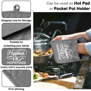 GROBRO7 6Pcs Cotton Oven Mitts and Pot Holders Set Happiness is Homemade Heat Resistant Hot Pad Machine Washable Microwave Gloves with Hanging Loop Pocket Potholder for Kitchen Baking Cooking Grilling