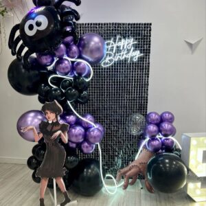 120pcs Wednesday Addams Balloon Garland Arch Kit Black and Chrome Purple Silver Balloons for Wednesday Themed Party Supplies Birthday Party Decoration