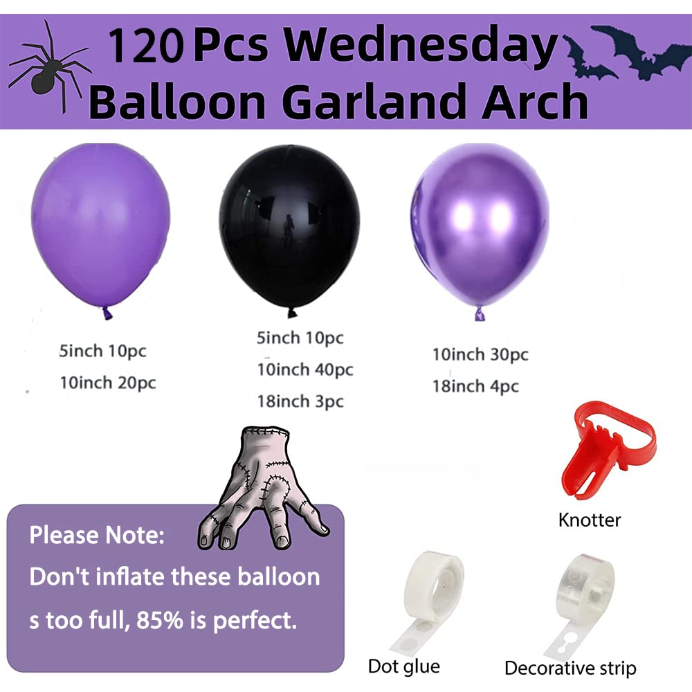 120pcs Wednesday Addams Balloon Garland Arch Kit Black and Chrome Purple Silver Balloons for Wednesday Themed Party Supplies Birthday Party Decoration