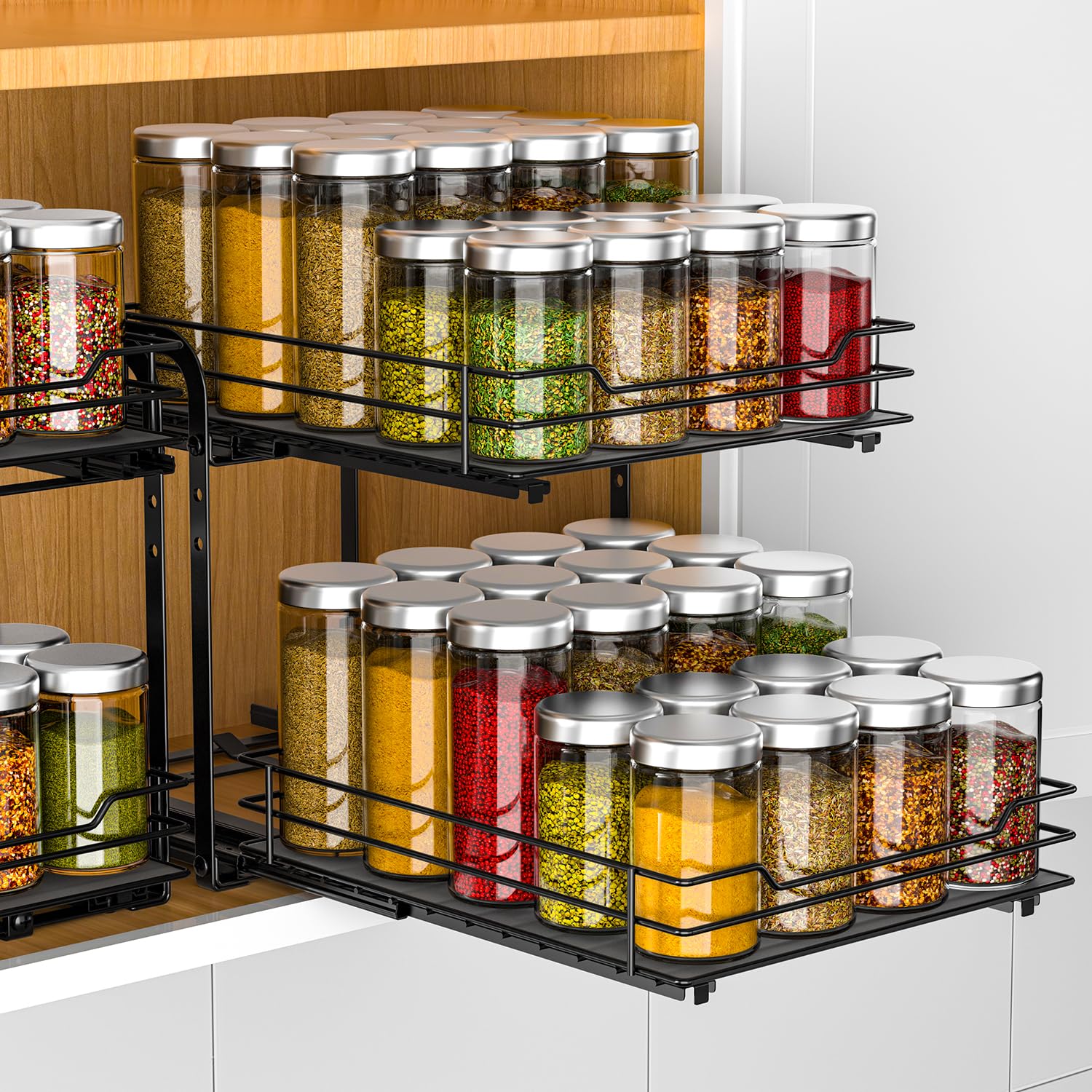 RCHYFEED Spice Rack Organizer for Cabinet, 2 Tier Pull Out Spice Racks for Inside Cabinets & Pantry Closet, Height Adjustable Heavy Duty Metal Basket for Seasoning Organizer, Vertical Spice Shelf