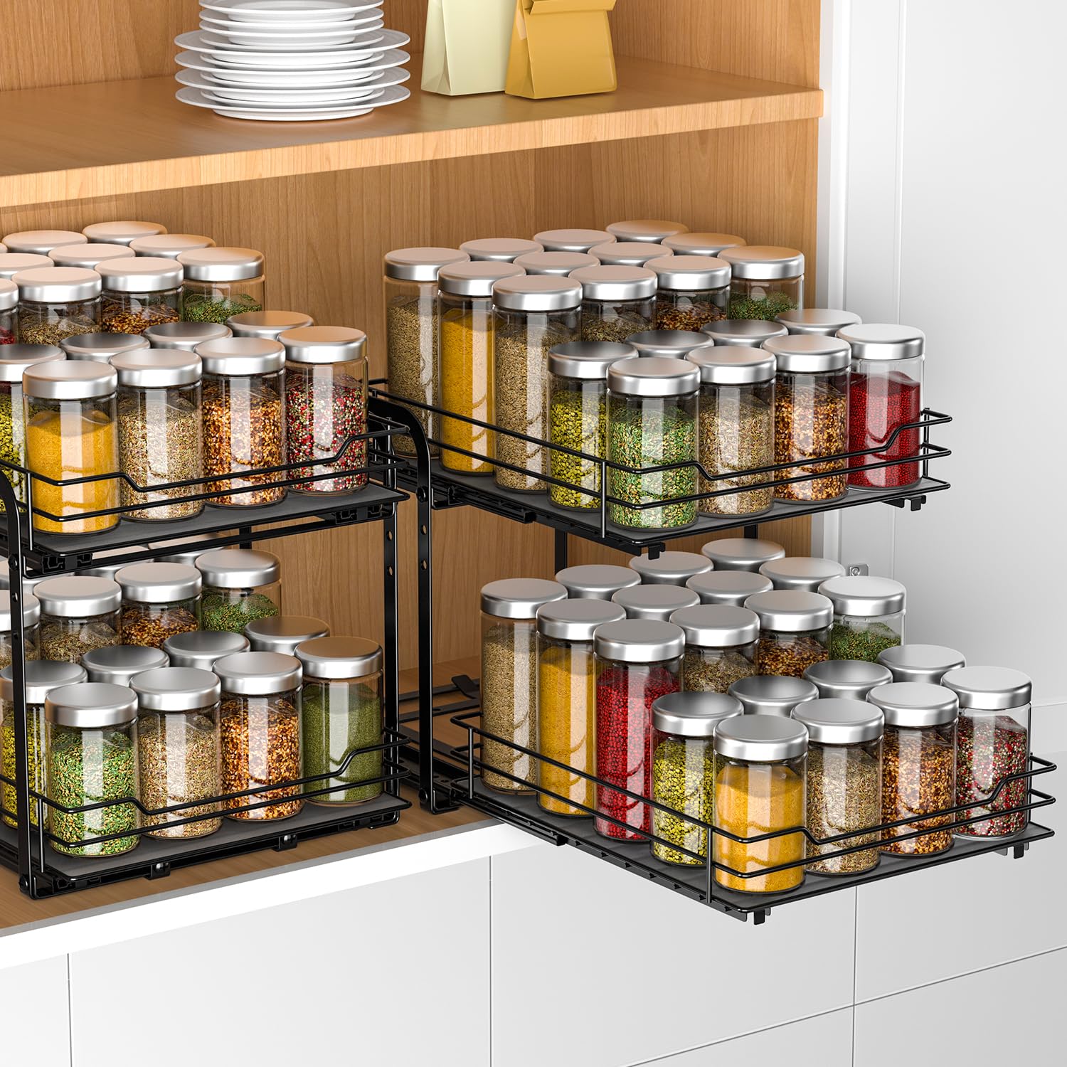 RCHYFEED Spice Rack Organizer for Cabinet, 2 Tier Pull Out Spice Racks for Inside Cabinets & Pantry Closet, Height Adjustable Heavy Duty Metal Basket for Seasoning Organizer, Vertical Spice Shelf