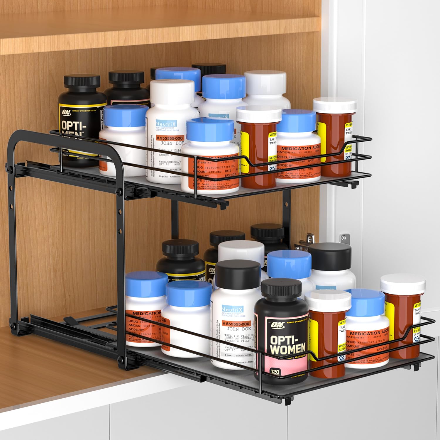 RCHYFEED Spice Rack Organizer for Cabinet, 2 Tier Pull Out Spice Racks for Inside Cabinets & Pantry Closet, Height Adjustable Heavy Duty Metal Basket for Seasoning Organizer, Vertical Spice Shelf