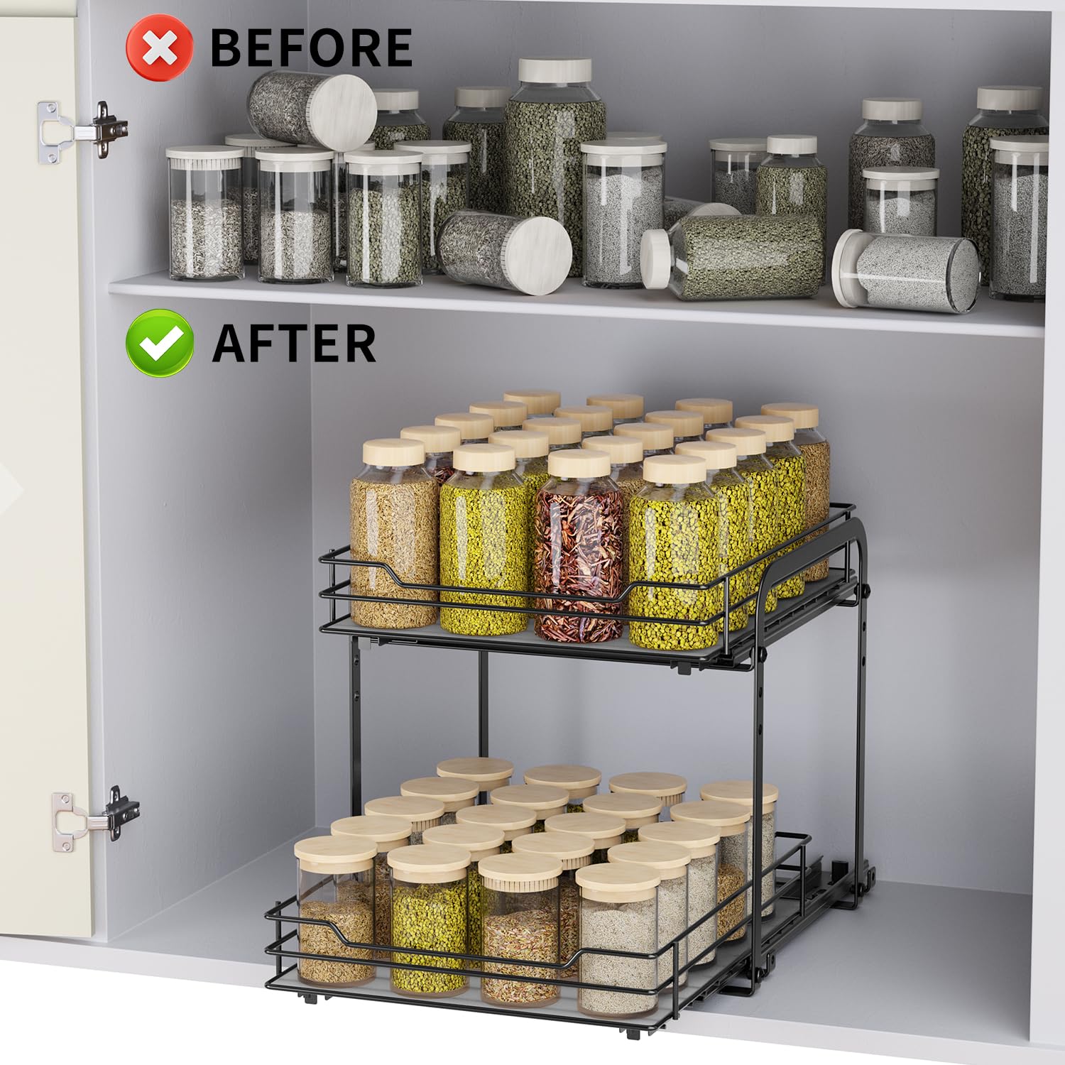 RCHYFEED Spice Rack Organizer for Cabinet, 2 Tier Pull Out Spice Racks for Inside Cabinets & Pantry Closet, Height Adjustable Heavy Duty Metal Basket for Seasoning Organizer, Vertical Spice Shelf