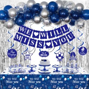 farewell party decorations for men women,we will miss you decorations banner navy blue silver going away party decorations balloons tablecloth for coworker retirement job change goodbye party supplies